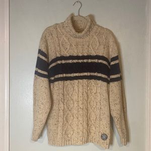 No Excess Snow Wear Wool Blend Striped Creme Cable Knit Turtleneck Sweater-Sz M